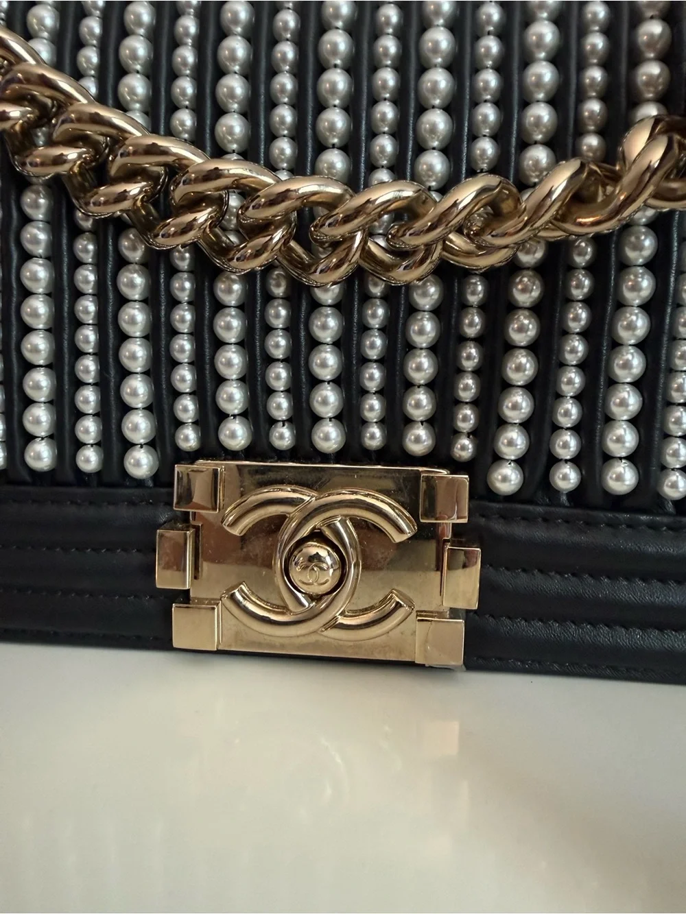 CHANEL Black Leather Boy Bag with Pearl Studs and Gold Chain
